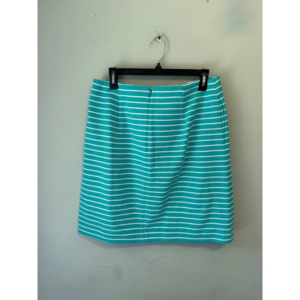 Talbots Petites Teal Green White Striped Textured Skirt Size 8P Pockets VN1953